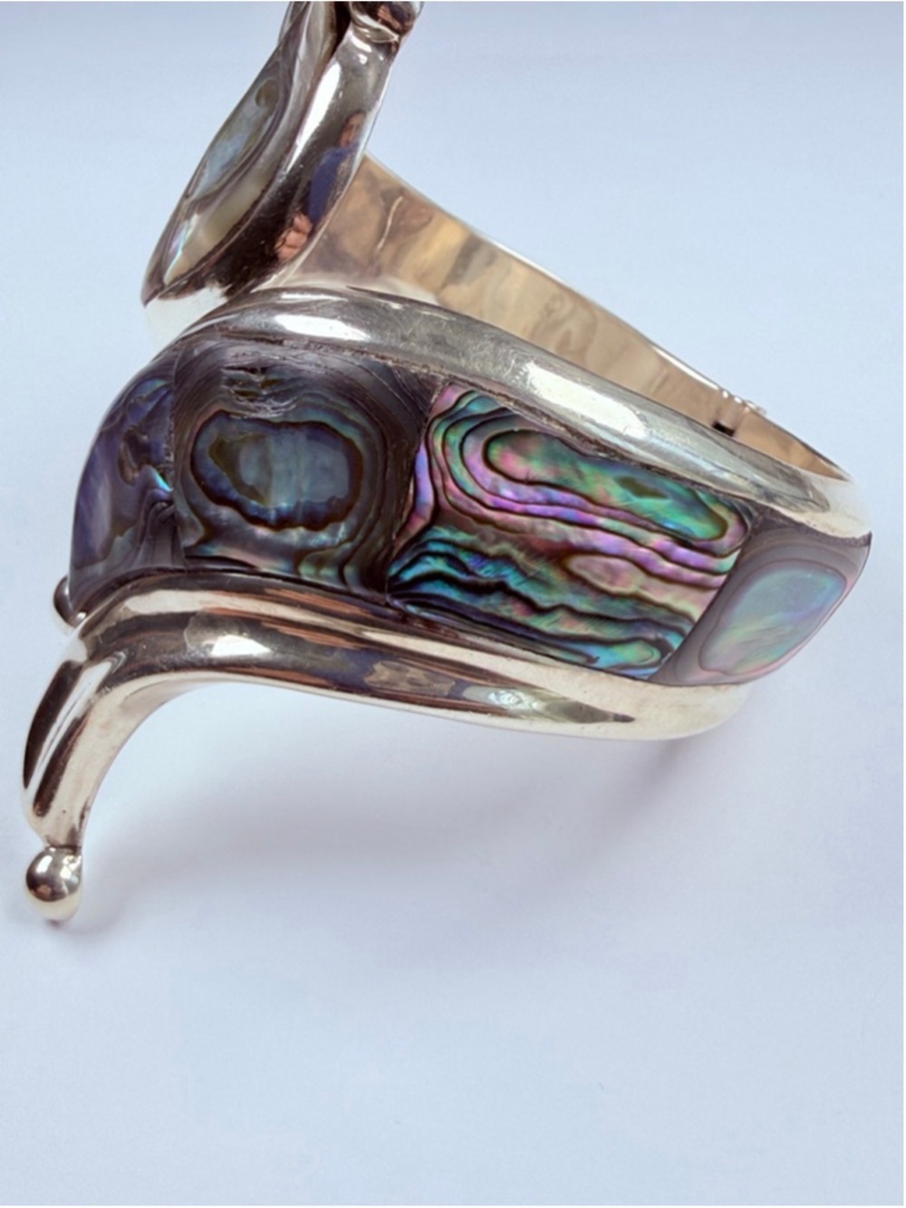 Taxco Massive Modernist Abalone Ornate Sterling Silver Clamper Cuff VTG Bracelet - Picture 10 of 13